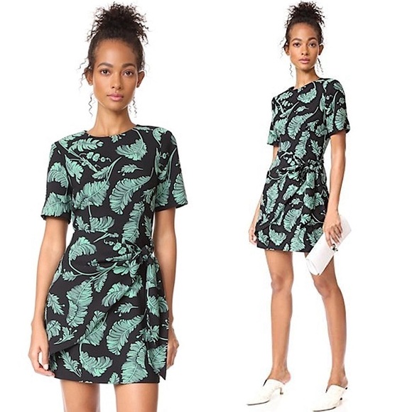 NWT CINQ A SEPT Dark Tropical Print Short Sleeve Wrap Tie Waist Mini Dress 2 - Picture 1 of 9